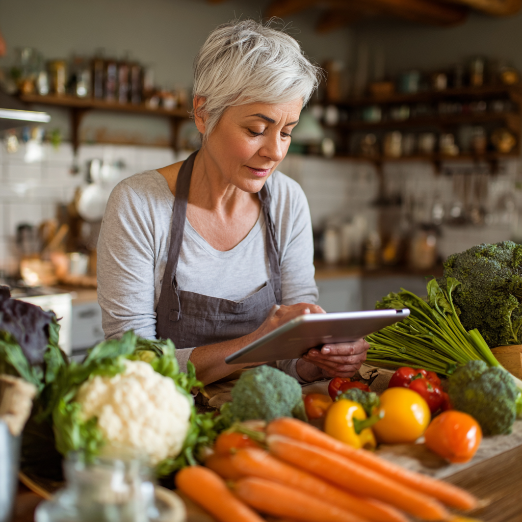 Middle-aged woman planning healthy meals with fresh vegetables and nutrition app
