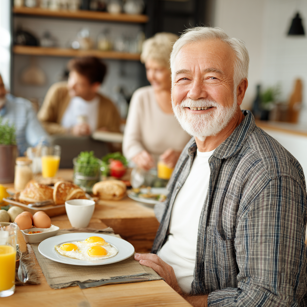 Senior man enjoying healthy breakfast with family in bright kitchen